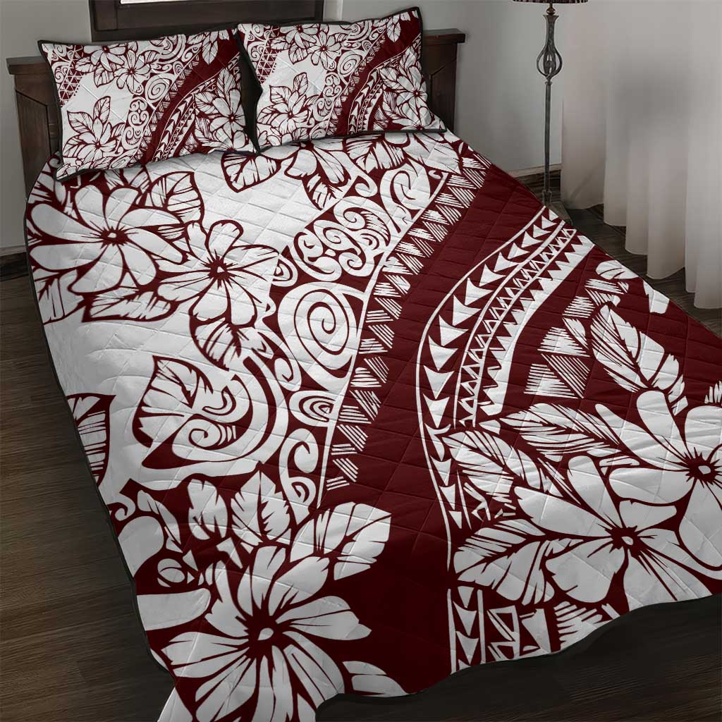 Polynesian Tropical Flowers Oxblood Color Quilt Bed Set