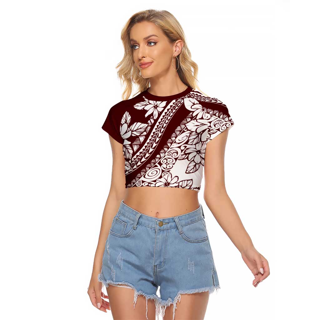 Polynesian Tropical Flowers Oxblood Color Raglan Cropped T Shirt