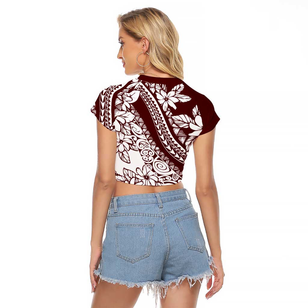 Polynesian Tropical Flowers Oxblood Color Raglan Cropped T Shirt