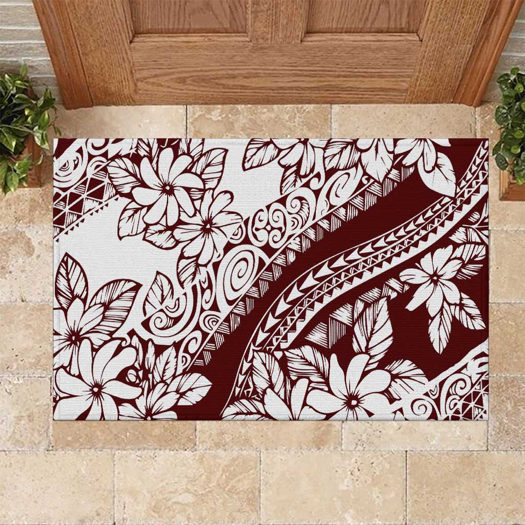 Polynesian Tropical Flowers Oxblood Color Rubber Doormat