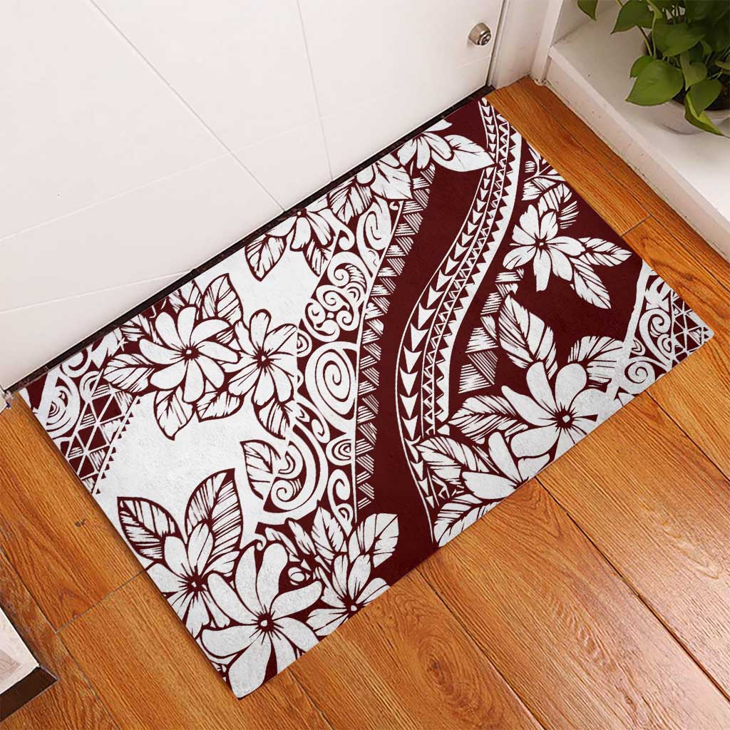 Polynesian Tropical Flowers Oxblood Color Rubber Doormat