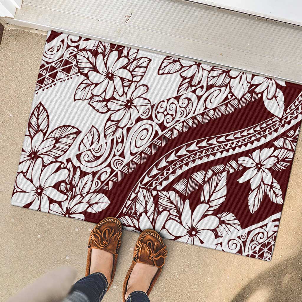 Polynesian Tropical Flowers Oxblood Color Rubber Doormat