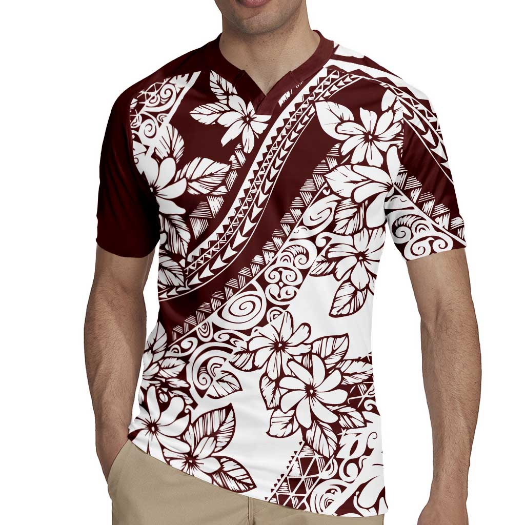 Polynesian Tropical Flowers Oxblood Color Rugby Jersey