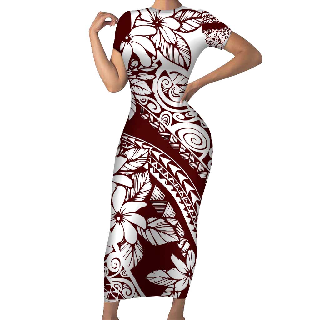 Polynesian Tropical Flowers Oxblood Color Short Sleeve Bodycon Dress