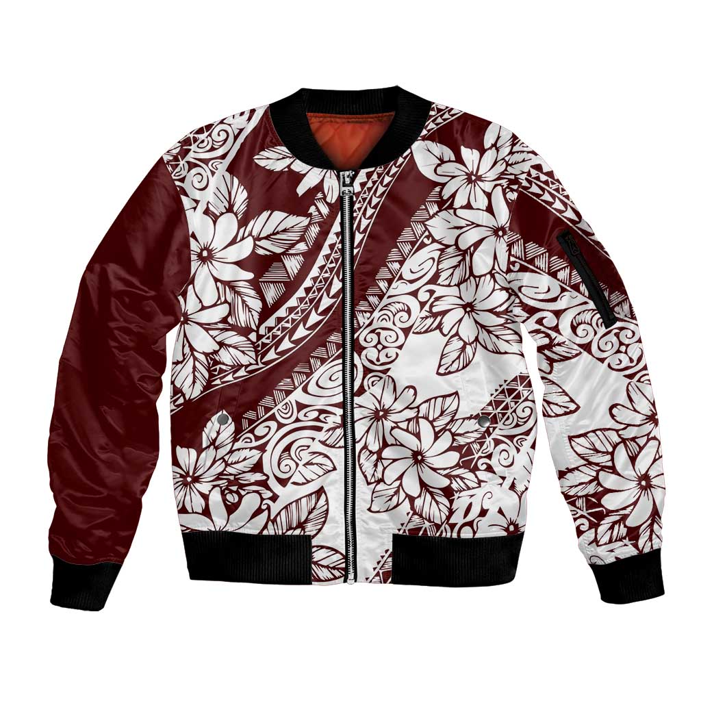 Polynesian Tropical Flowers Oxblood Color Sleeve Zip Bomber Jacket