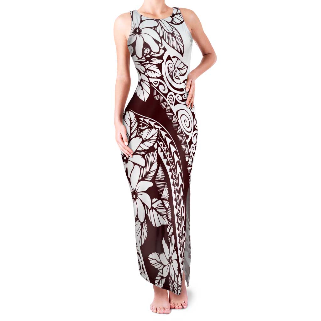 Polynesian Tropical Flowers Oxblood Color Tank Maxi Dress