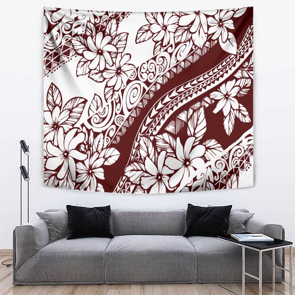 Polynesian Tropical Flowers Oxblood Color Tapestry