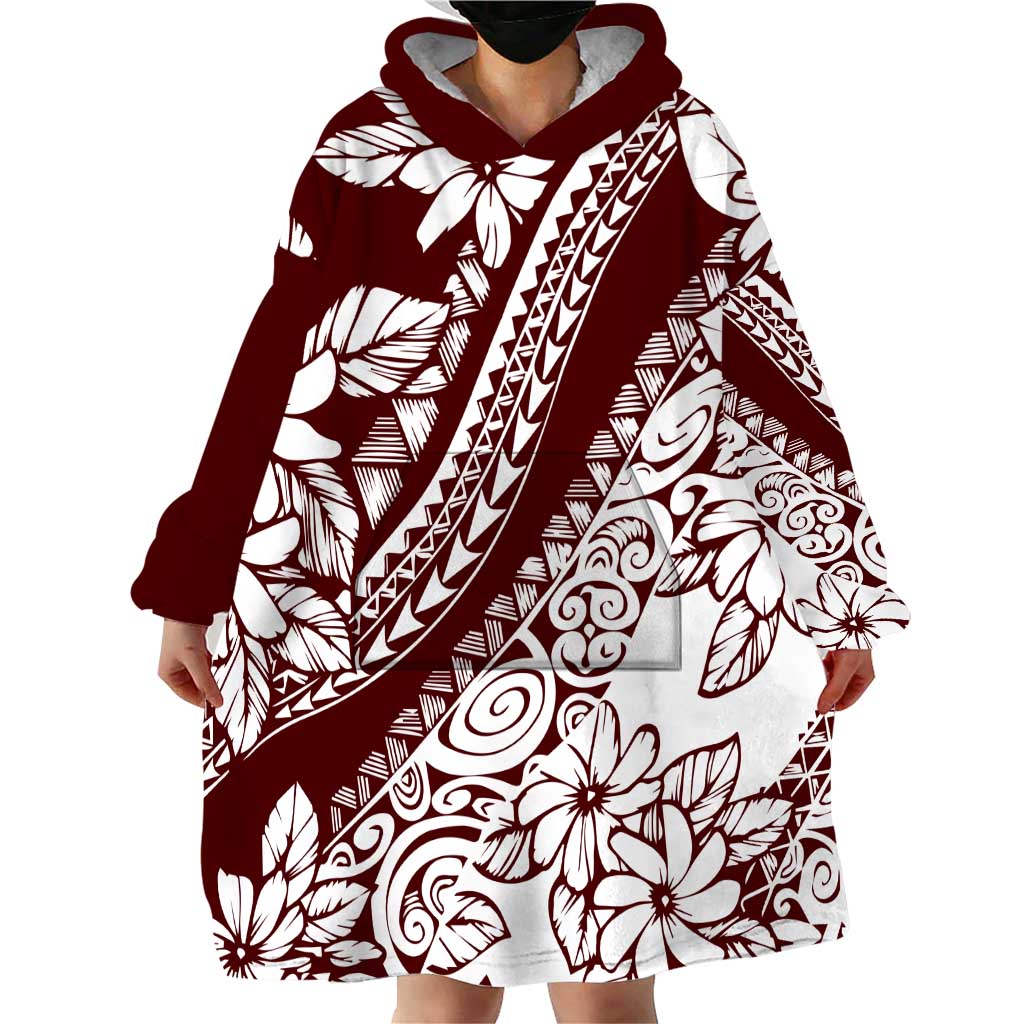 Polynesian Tropical Flowers Oxblood Color Wearable Blanket Hoodie LT14 - Polynesian Pride