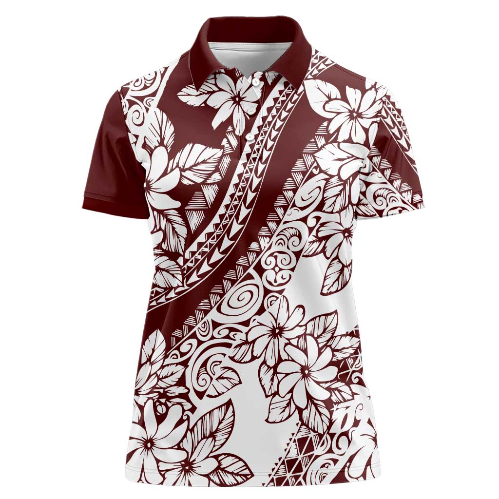 Polynesian Tropical Flowers Oxblood Color Women Polo Shirt