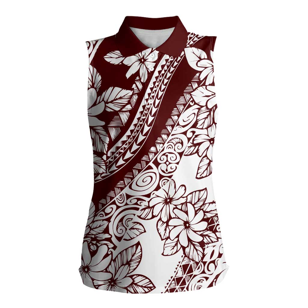 Polynesian Tropical Flowers Oxblood Color Women Sleeveless Polo Shirt