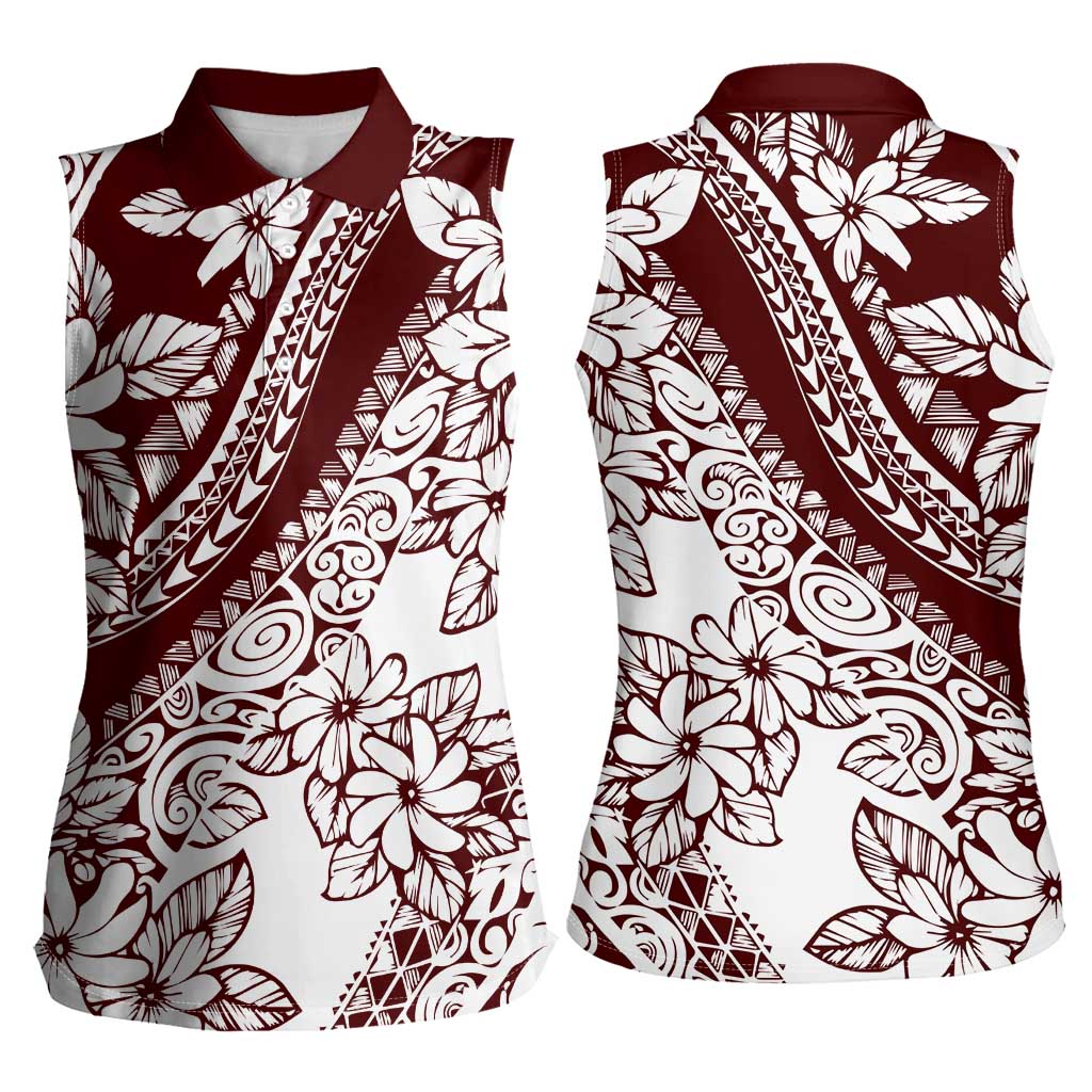 Polynesian Tropical Flowers Oxblood Color Women Sleeveless Polo Shirt