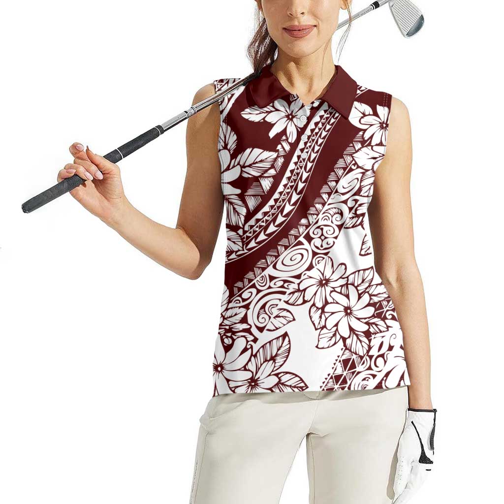 Polynesian Tropical Flowers Oxblood Color Women Sleeveless Polo Shirt