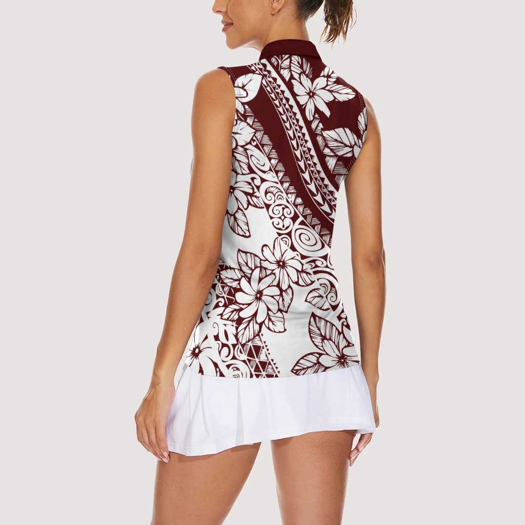 Polynesian Tropical Flowers Oxblood Color Women Sleeveless Polo Shirt