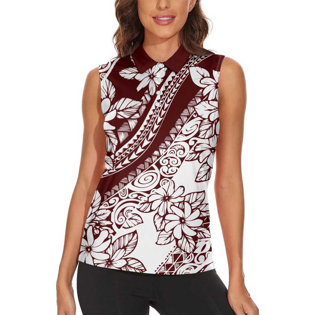 Polynesian Tropical Flowers Oxblood Color Women Sleeveless Polo Shirt