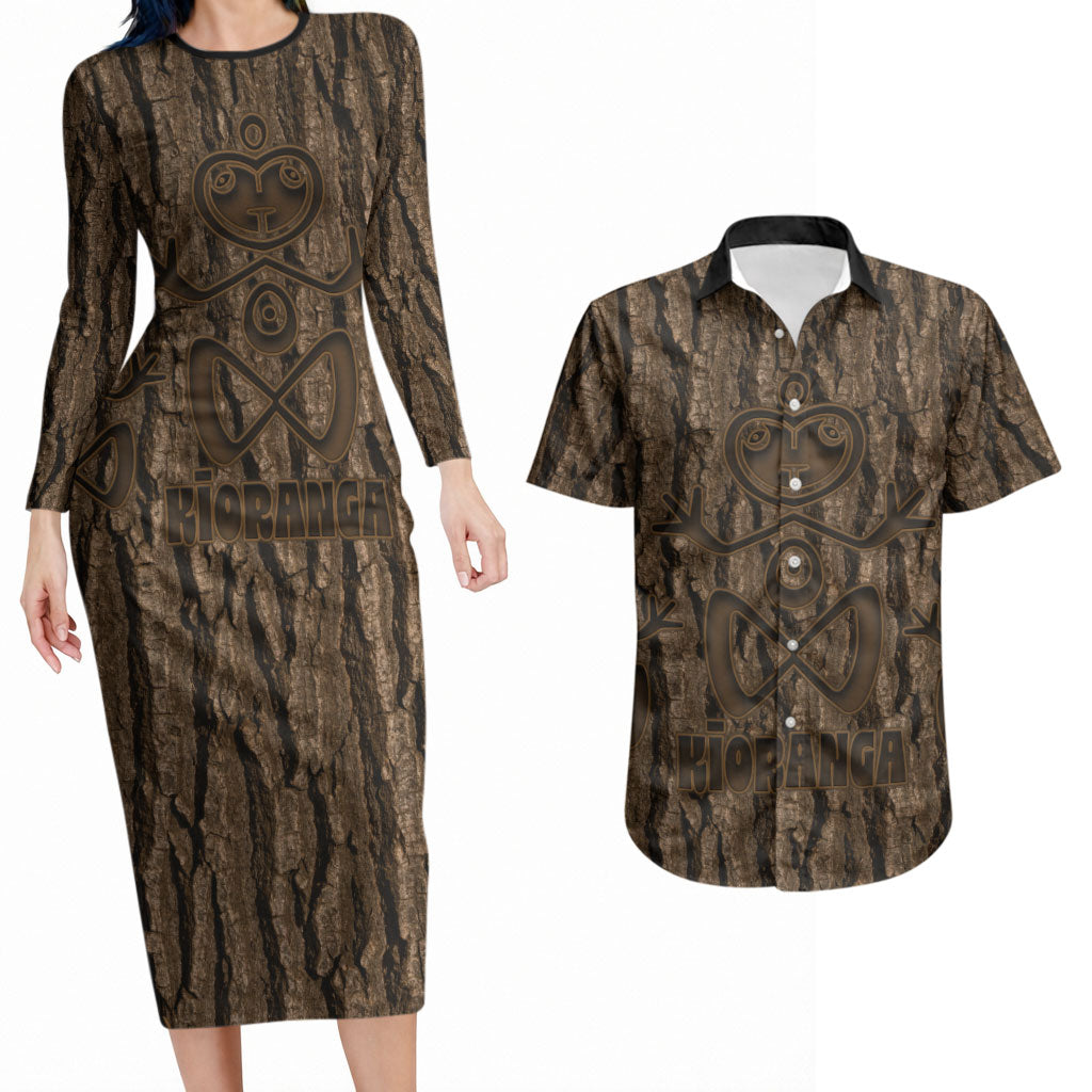 Kioranga Moriori New Zealand Couples Matching Long Sleeve Bodycon Dress and Hawaiian Shirt Kopi Rakau Carving Art LT14 Brown - Polynesian Pride