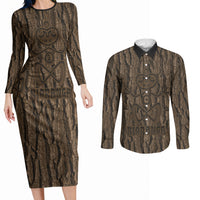 Kioranga Moriori New Zealand Couples Matching Long Sleeve Bodycon Dress and Long Sleeve Button Shirt Kopi Rakau Carving Art LT14 Brown - Polynesian Pride