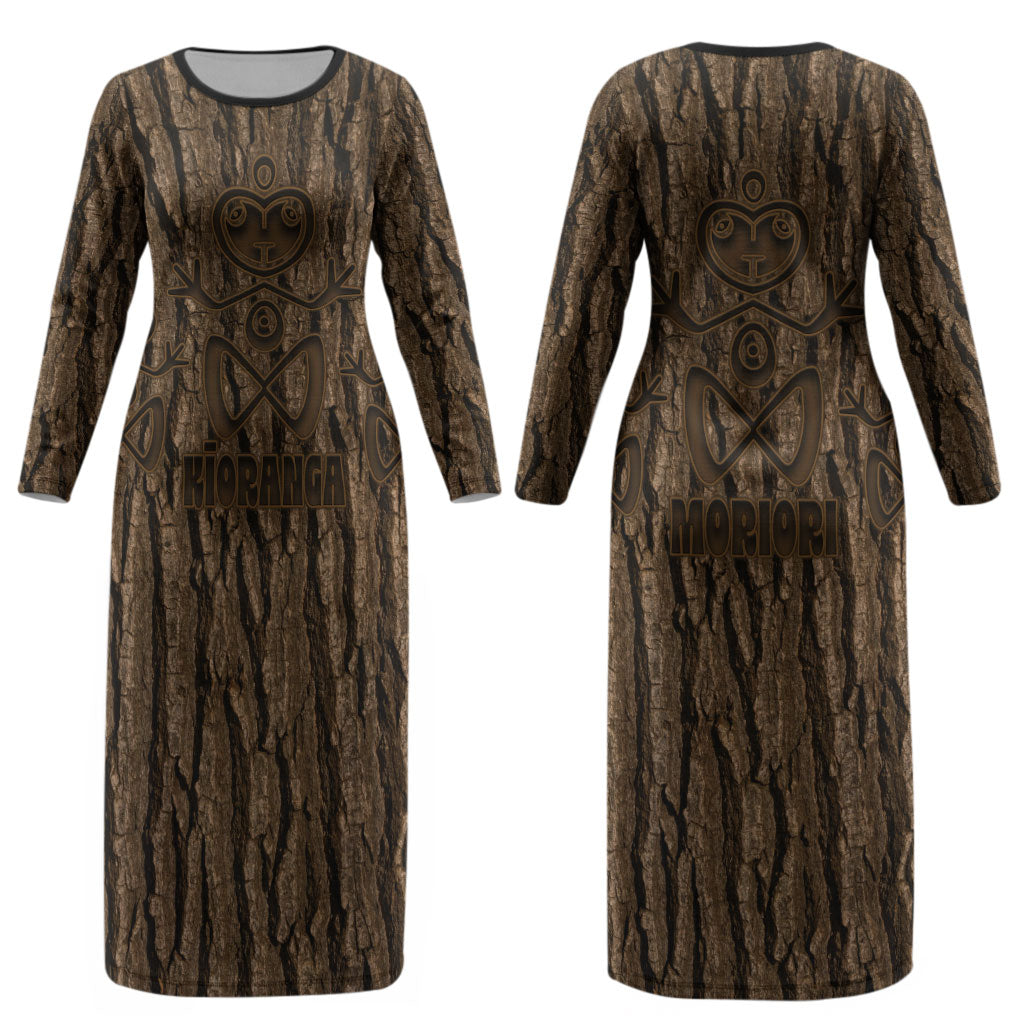 Kioranga Moriori New Zealand Couples Matching Long Sleeve Bodycon Dress and Long Sleeve Button Shirt Kopi Rakau Carving Art LT14 - Polynesian Pride