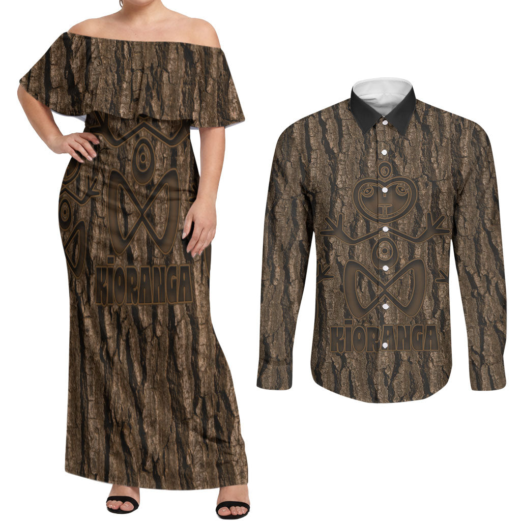 Kioranga Moriori New Zealand Couples Matching Off Shoulder Maxi Dress and Long Sleeve Button Shirt Kopi Rakau Carving Art LT14 Brown - Polynesian Pride