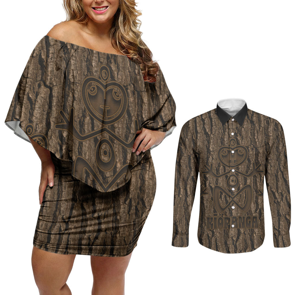 Kioranga Moriori New Zealand Couples Matching Off Shoulder Short Dress and Long Sleeve Button Shirt Kopi Rakau Carving Art LT14 Brown - Polynesian Pride