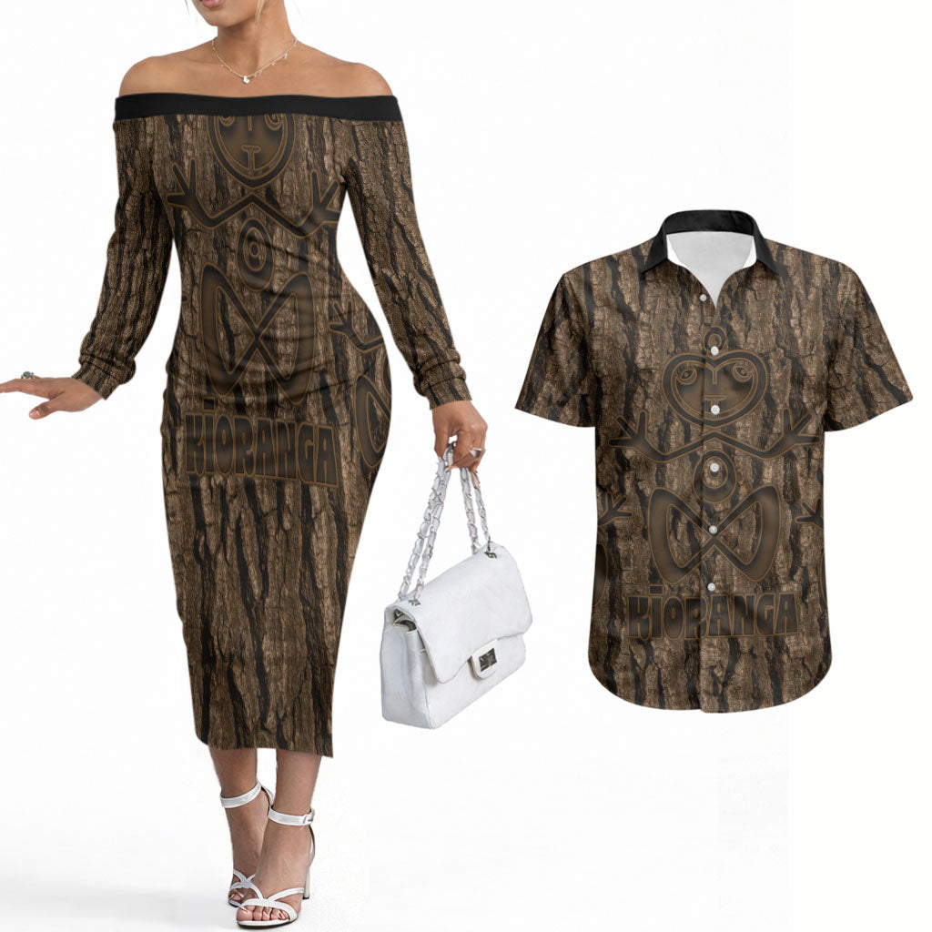 Kioranga Moriori New Zealand Couples Matching Off The Shoulder Long Sleeve Dress and Hawaiian Shirt Kopi Rakau Carving Art LT14 Brown - Polynesian Pride