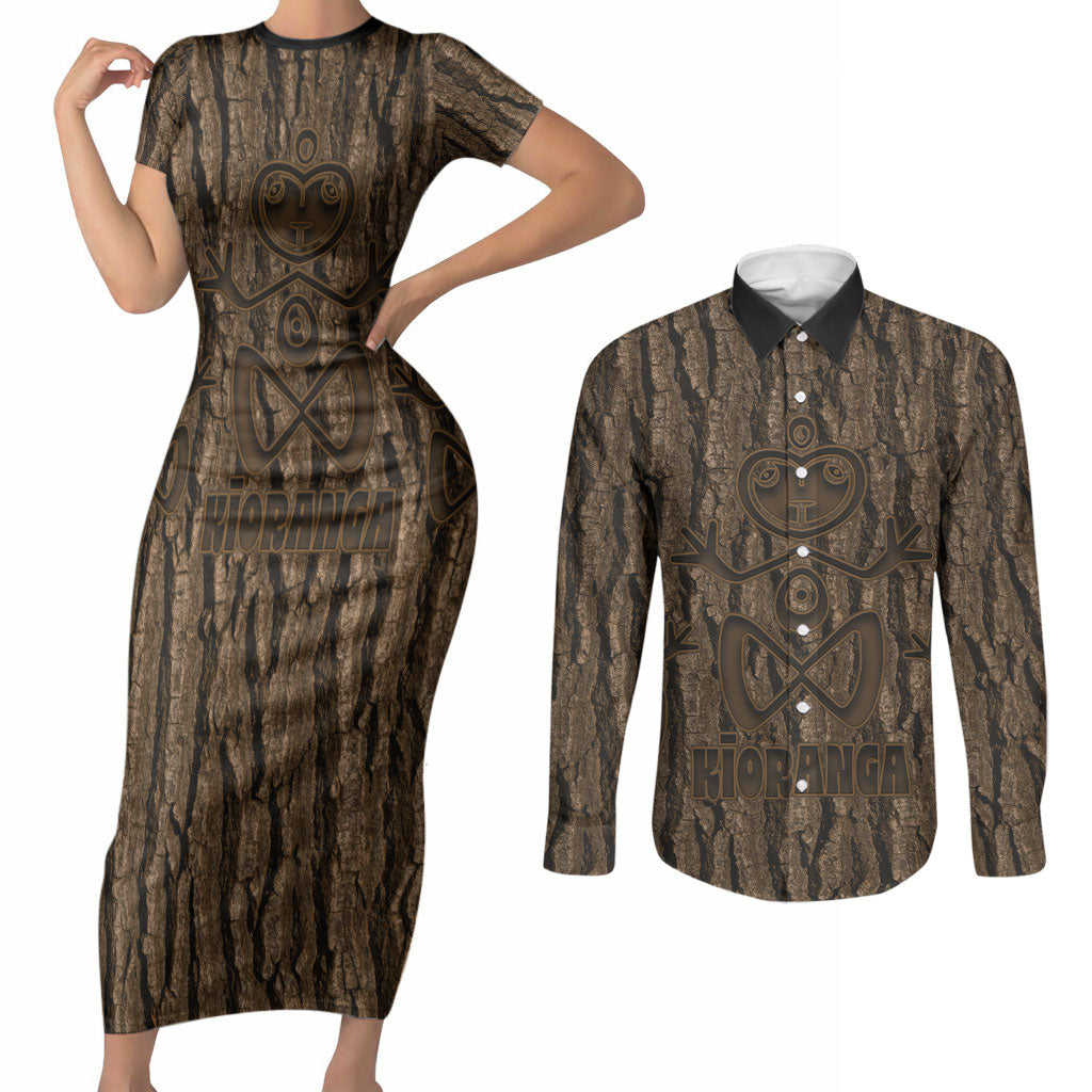 Kioranga Moriori New Zealand Couples Matching Short Sleeve Bodycon Dress and Long Sleeve Button Shirt Kopi Rakau Carving Art LT14 Brown - Polynesian Pride