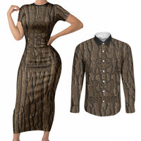 Kioranga Moriori New Zealand Couples Matching Short Sleeve Bodycon Dress and Long Sleeve Button Shirt Kopi Rakau Carving Art LT14 Brown - Polynesian Pride