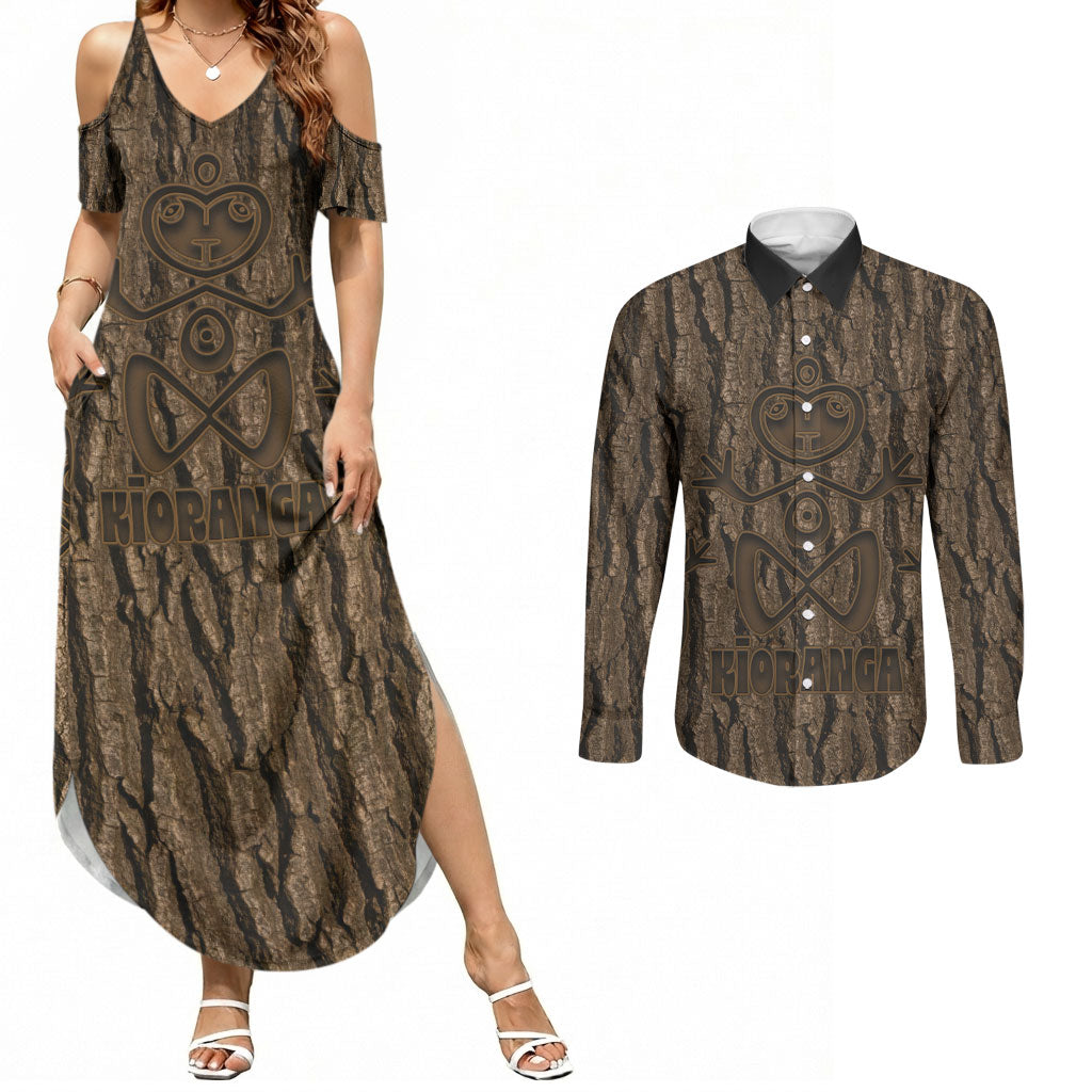 Kioranga Moriori New Zealand Couples Matching Summer Maxi Dress and Long Sleeve Button Shirt Kopi Rakau Carving Art LT14 Brown - Polynesian Pride