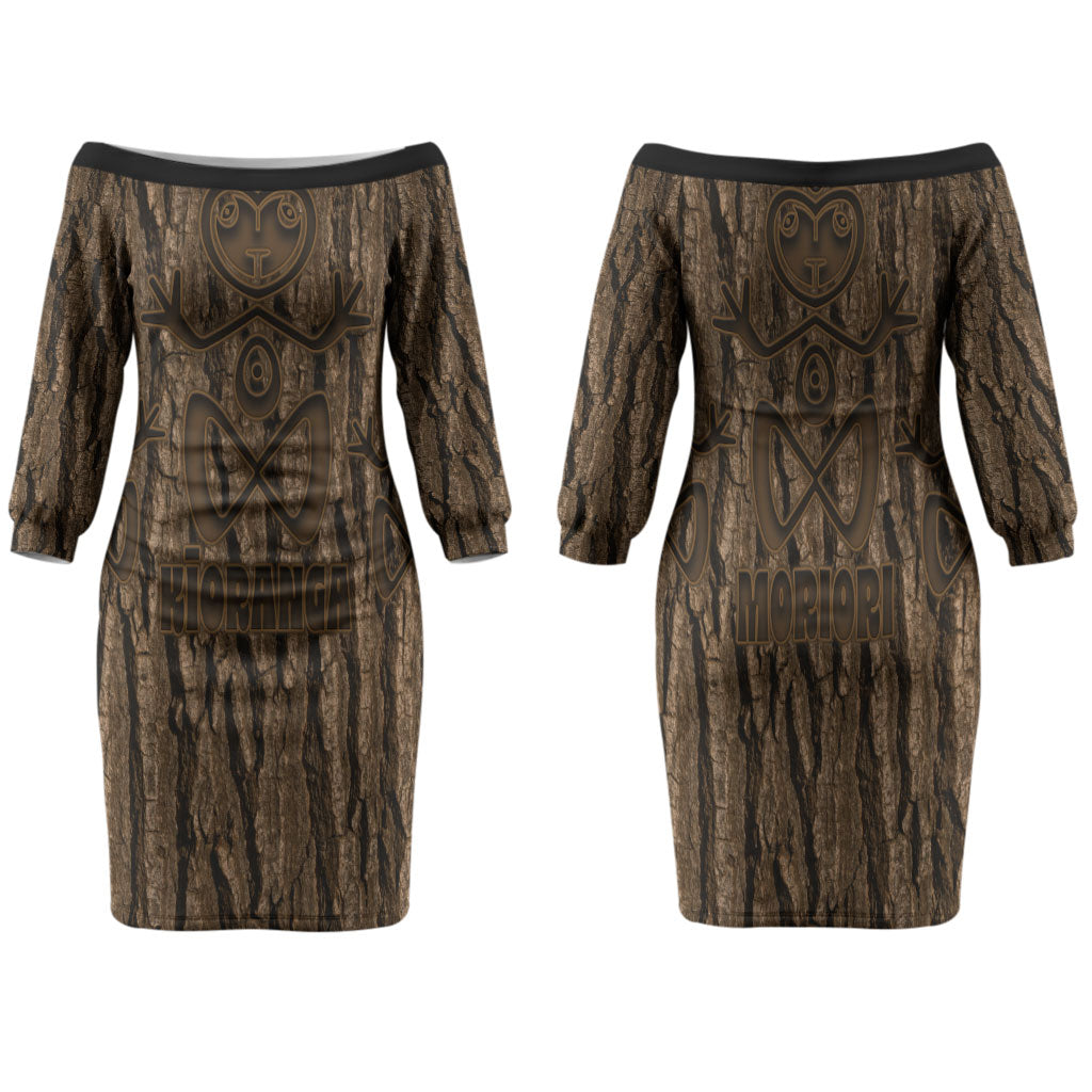 Kioranga Moriori New Zealand Family Matching Off The Shoulder Long Sleeve Dress and Hawaiian Shirt Kopi Rakau Carving Art LT14 Mom's Dress Brown - Polynesian Pride