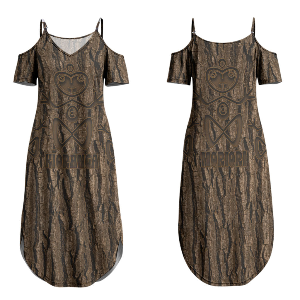Kioranga Moriori New Zealand Family Matching Summer Maxi Dress and Hawaiian Shirt Kopi Rakau Carving Art LT14 Mom's Dress Brown - Polynesian Pride