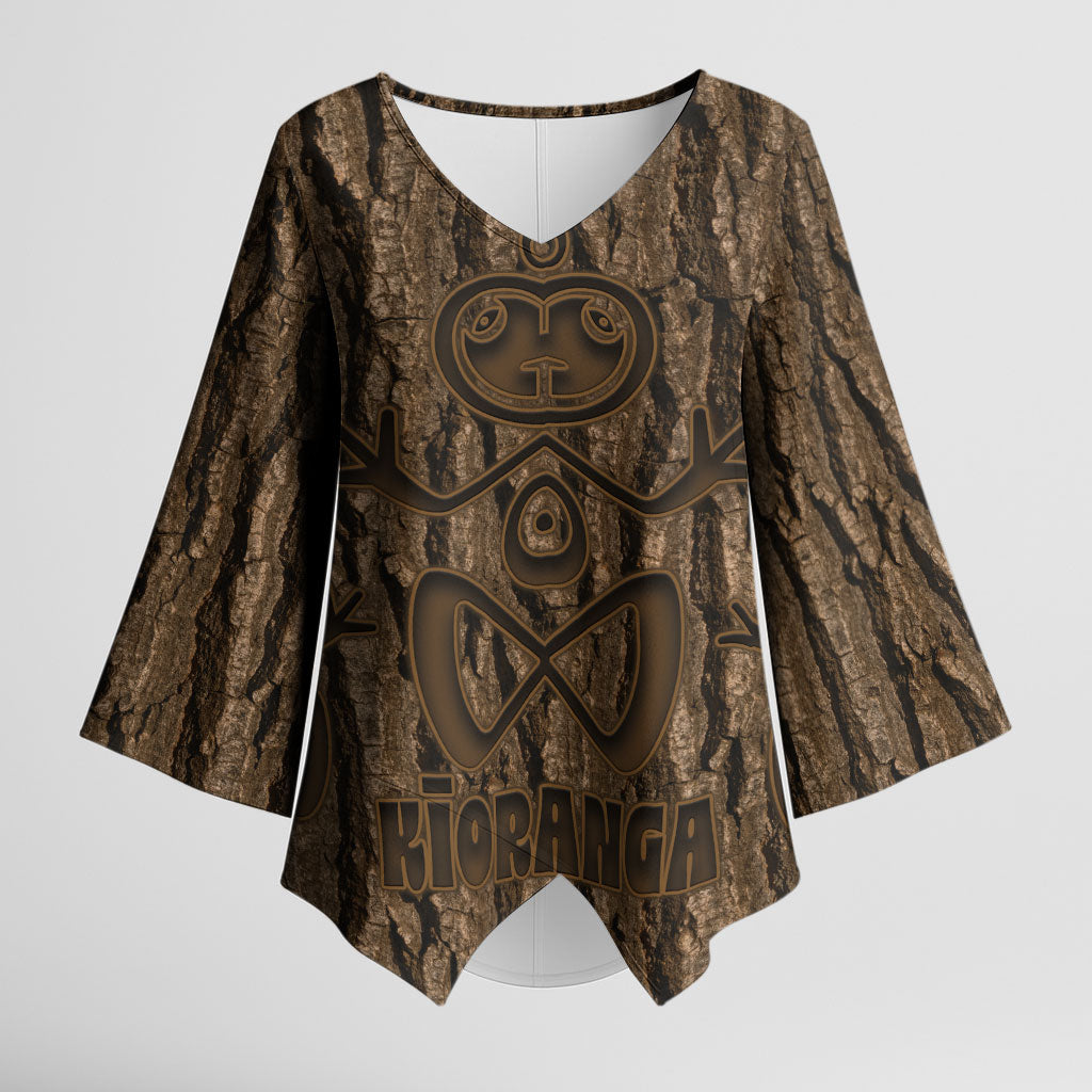 Kioranga Moriori New Zealand Kimono Sleeve Blouse Kopi Rakau Carving Art LT14 Female Brown - Polynesian Pride