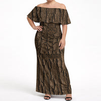 Kioranga Moriori New Zealand Off Shoulder Maxi Dress Kopi Rakau Carving Art LT14 Women Brown - Polynesian Pride