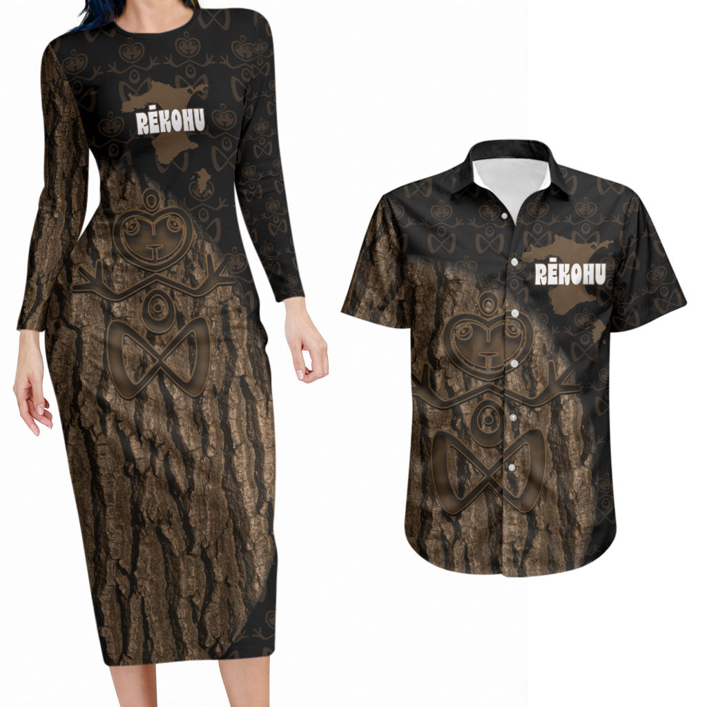 Moriori Kekoru New Zealand Personalised Couples Matching Long Sleeve Bodycon Dress and Hawaiian Shirt Kopi Rakau Carving Chatham Islands Map LT14 Black - Polynesian Pride