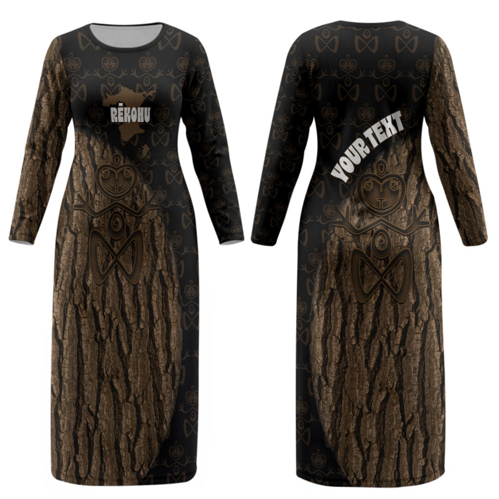 Moriori Kekoru New Zealand Personalised Couples Matching Long Sleeve Bodycon Dress and Hawaiian Shirt Kopi Rakau Carving Chatham Islands Map LT14 - Polynesian Pride