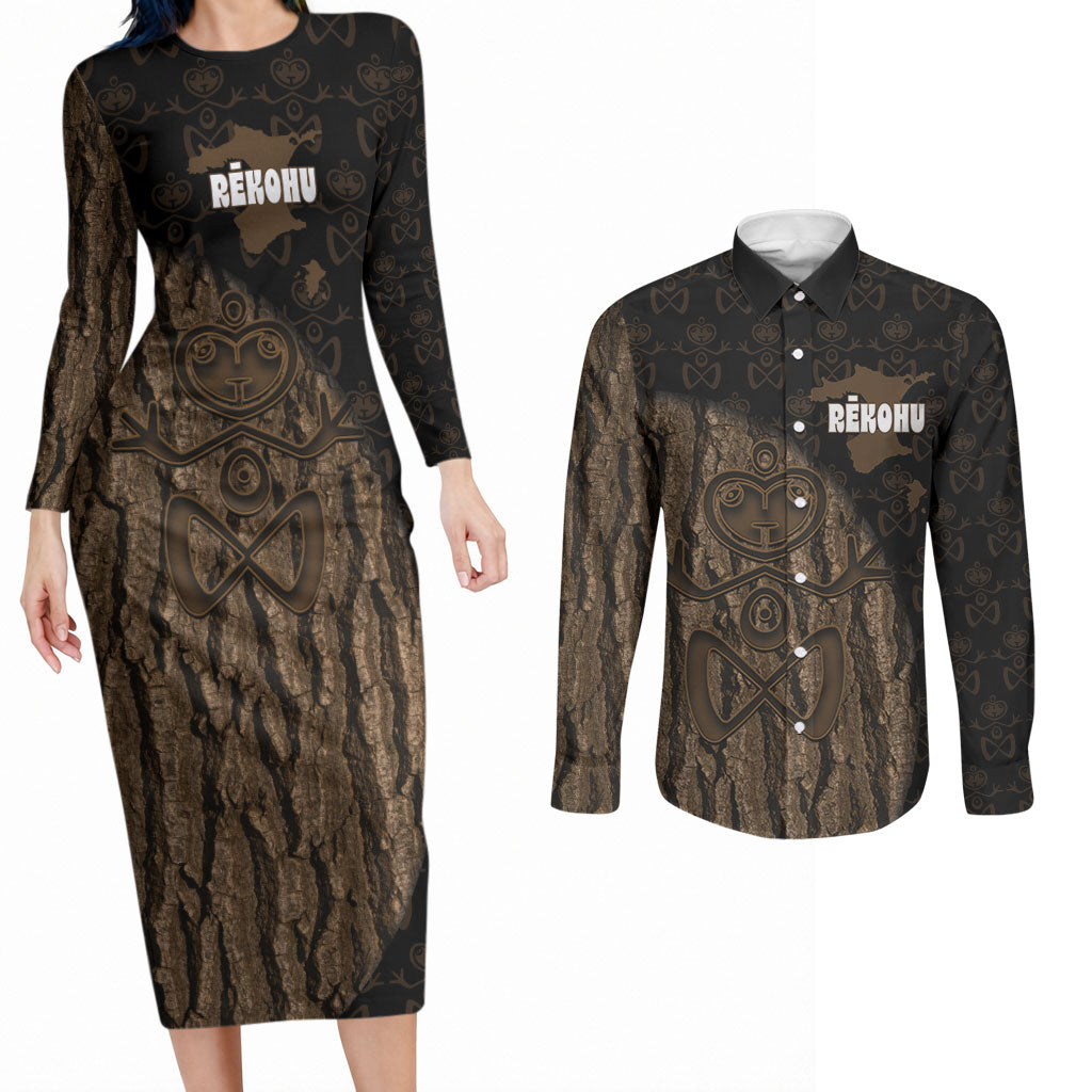 Moriori Kekoru New Zealand Personalised Couples Matching Long Sleeve Bodycon Dress and Long Sleeve Button Shirt Kopi Rakau Carving Chatham Islands Map LT14 Black - Polynesian Pride