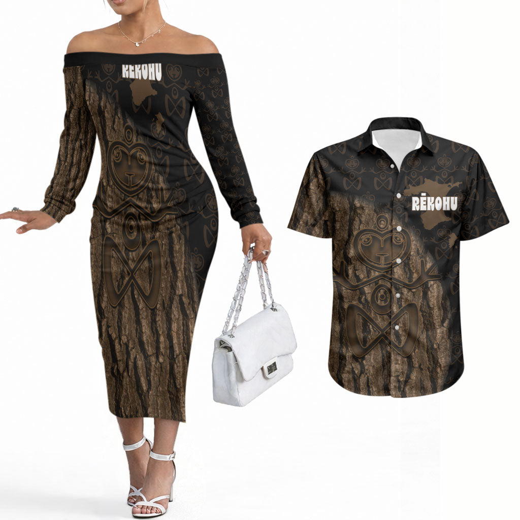 Moriori Kekoru New Zealand Personalised Couples Matching Off The Shoulder Long Sleeve Dress and Hawaiian Shirt Kopi Rakau Carving Chatham Islands Map LT14 Black - Polynesian Pride