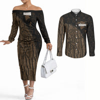 Moriori Kekoru New Zealand Personalised Couples Matching Off The Shoulder Long Sleeve Dress and Long Sleeve Button Shirt Kopi Rakau Carving Chatham Islands Map LT14 Black - Polynesian Pride