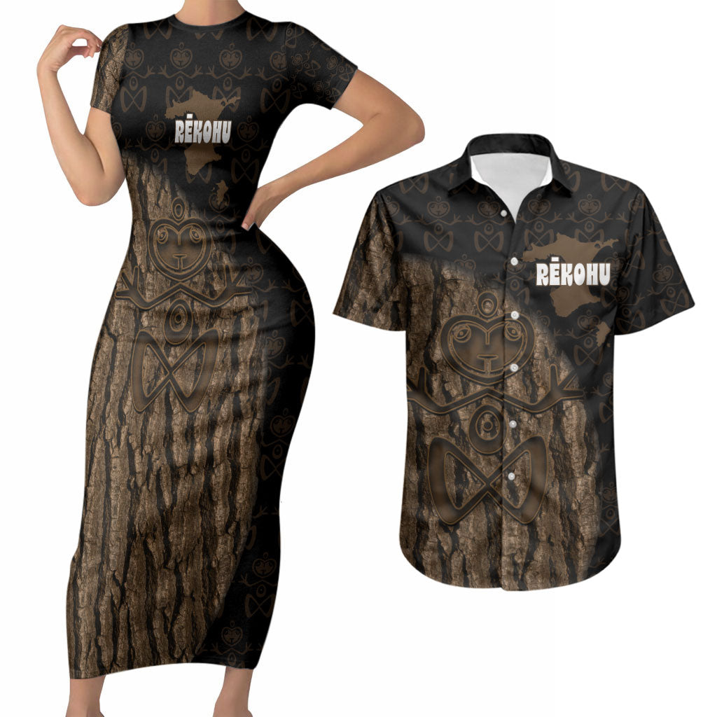 Moriori Kekoru New Zealand Personalised Couples Matching Short Sleeve Bodycon Dress and Hawaiian Shirt Kopi Rakau Carving Chatham Islands Map LT14 Black - Polynesian Pride