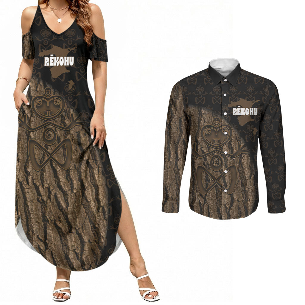 Moriori Kekoru New Zealand Personalised Couples Matching Summer Maxi Dress and Long Sleeve Button Shirt Kopi Rakau Carving Chatham Islands Map LT14 Black - Polynesian Pride