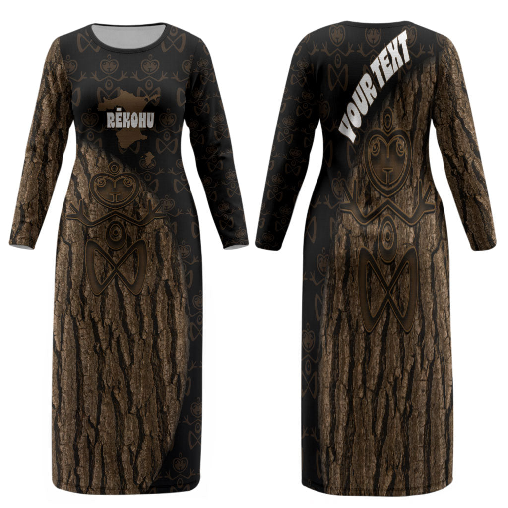Moriori Kekoru New Zealand Personalised Family Matching Long Sleeve Bodycon Dress and Hawaiian Shirt Kopi Rakau Carving Chatham Islands Map LT14 Mom's Dress Black - Polynesian Pride