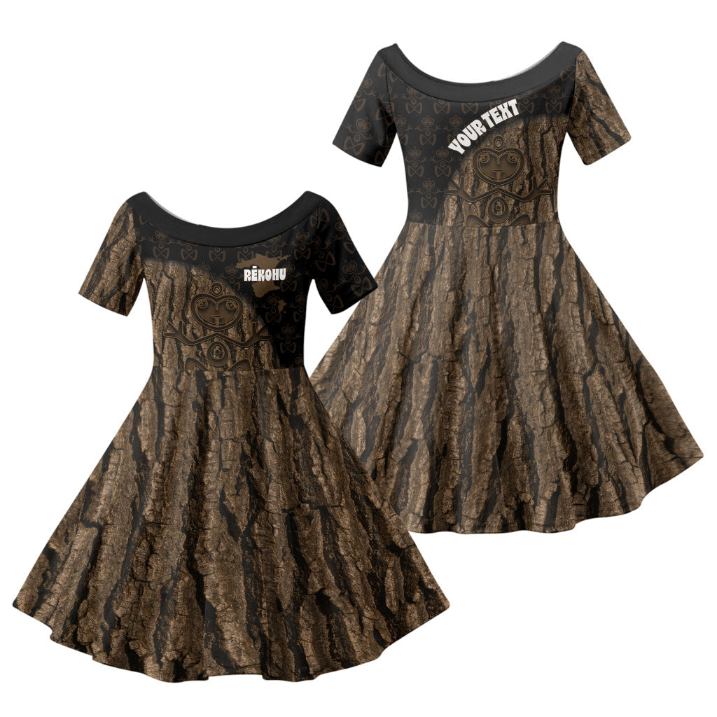 Moriori Kekoru New Zealand Personalised Family Matching Long Sleeve Bodycon Dress and Hawaiian Shirt Kopi Rakau Carving Chatham Islands Map LT14 Daughter's Dress Black - Polynesian Pride