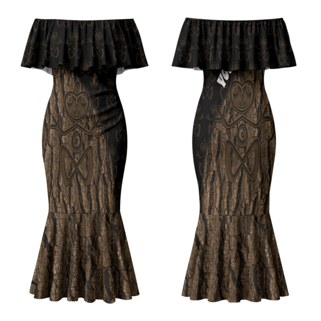 Moriori Kekoru New Zealand Personalised Family Matching Mermaid Dress and Hawaiian Shirt Kopi Rakau Carving Chatham Islands Map LT14 Mom's Dress Black - Polynesian Pride