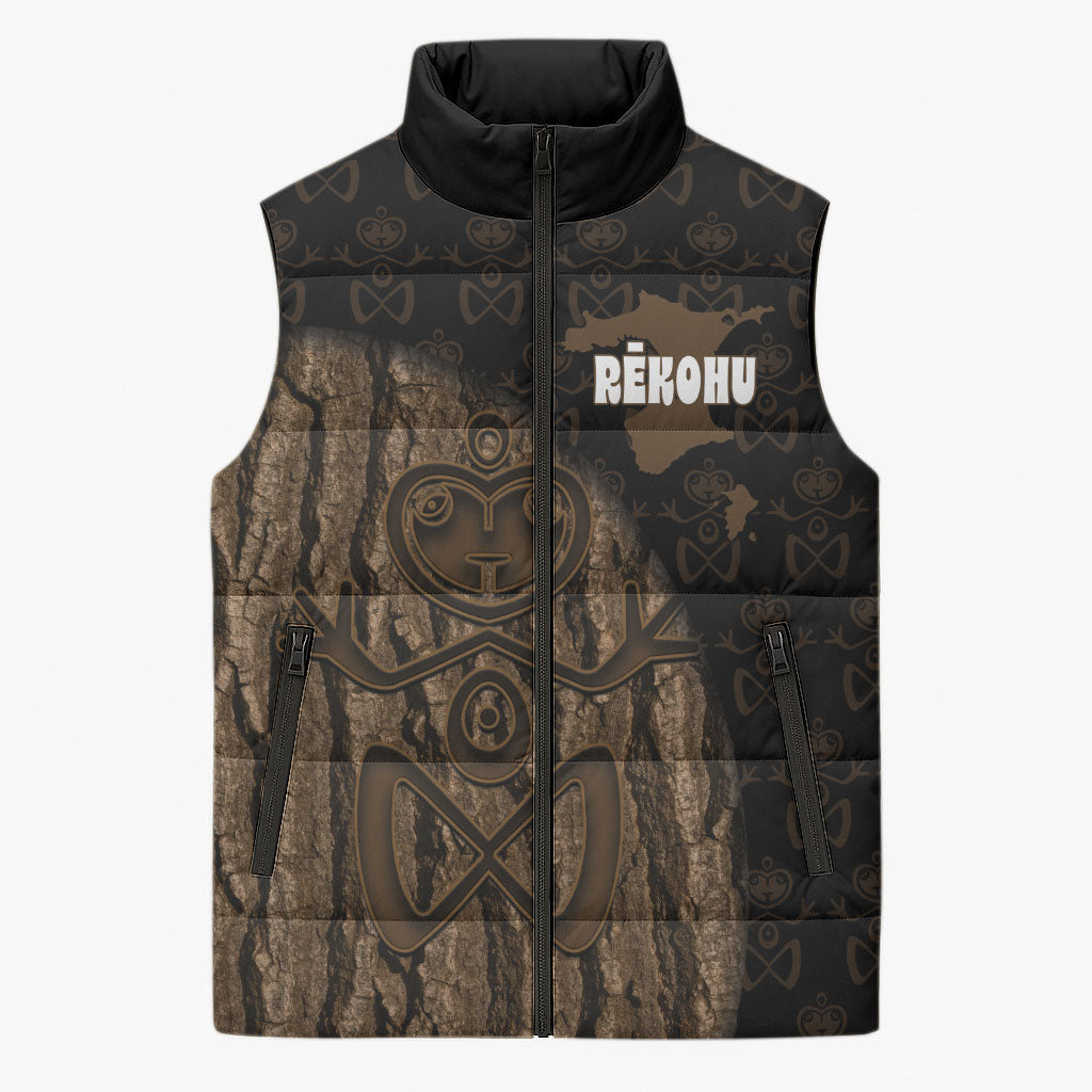 Moriori Kekoru New Zealand Personalised Sleeveless Puffer Jacket Kopi Rakau Carving Chatham Islands Map