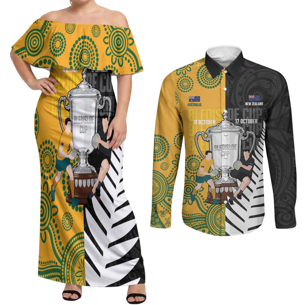 New Zealand Australia Rugby Bledisloe 2026 Custom Couples Matching Off Shoulder Maxi Dress and Long Sleeve Button Shirt Champion Trophy Maori Aboriginal Art