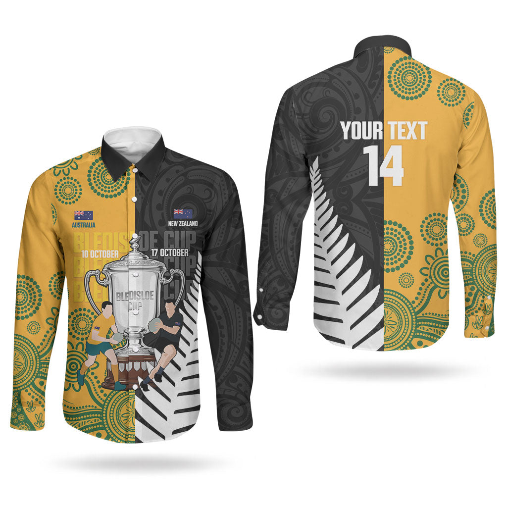 New Zealand Australia Rugby Bledisloe 2026 Custom Couples Matching Off Shoulder Maxi Dress and Long Sleeve Button Shirt Champion Trophy Maori Aboriginal Art LT14 - Polynesian Pride