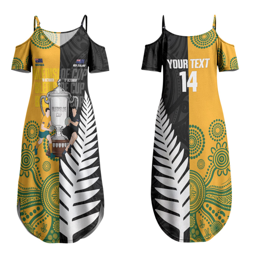 New Zealand Australia Rugby Bledisloe 2026 Custom Couples Matching Summer Maxi Dress and Long Sleeve Button Shirt Champion Trophy Maori Aboriginal Art LT14 - Polynesian Pride