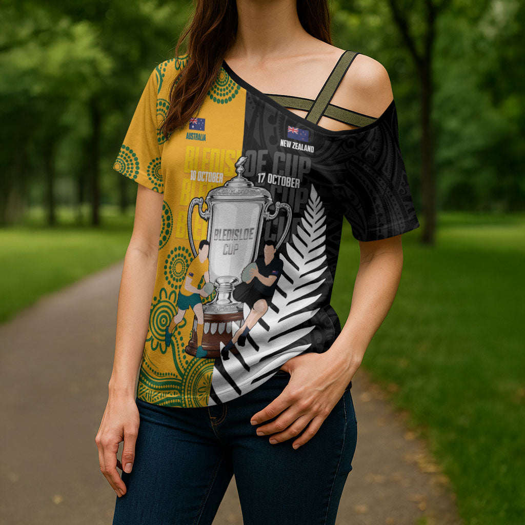 New Zealand Australia Rugby Bledisloe 2026 Custom Cross Shoulder Shirt Champion Trophy Maori Aboriginal Art LT14 - Polynesian Pride
