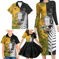 New Zealand Australia Rugby Bledisloe 2026 Custom Family Matching Long Sleeve Bodycon Dress and Hawaiian Shirt Champion Trophy Maori Aboriginal Art LT14 - Polynesian Pride