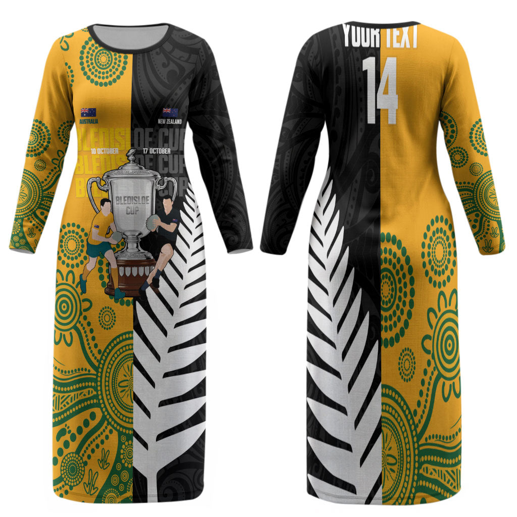New Zealand Australia Rugby Bledisloe 2026 Custom Family Matching Long Sleeve Bodycon Dress and Hawaiian Shirt Champion Trophy Maori Aboriginal Art LT14 Mom's Dress Multicolor - Polynesian Pride