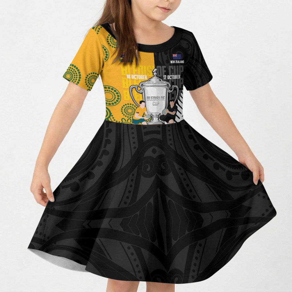 New Zealand Australia Rugby Bledisloe 2026 Custom Kid Short Sleeve Dress Champion Trophy Maori Aboriginal Art LT14 KID Multicolor - Polynesian Pride