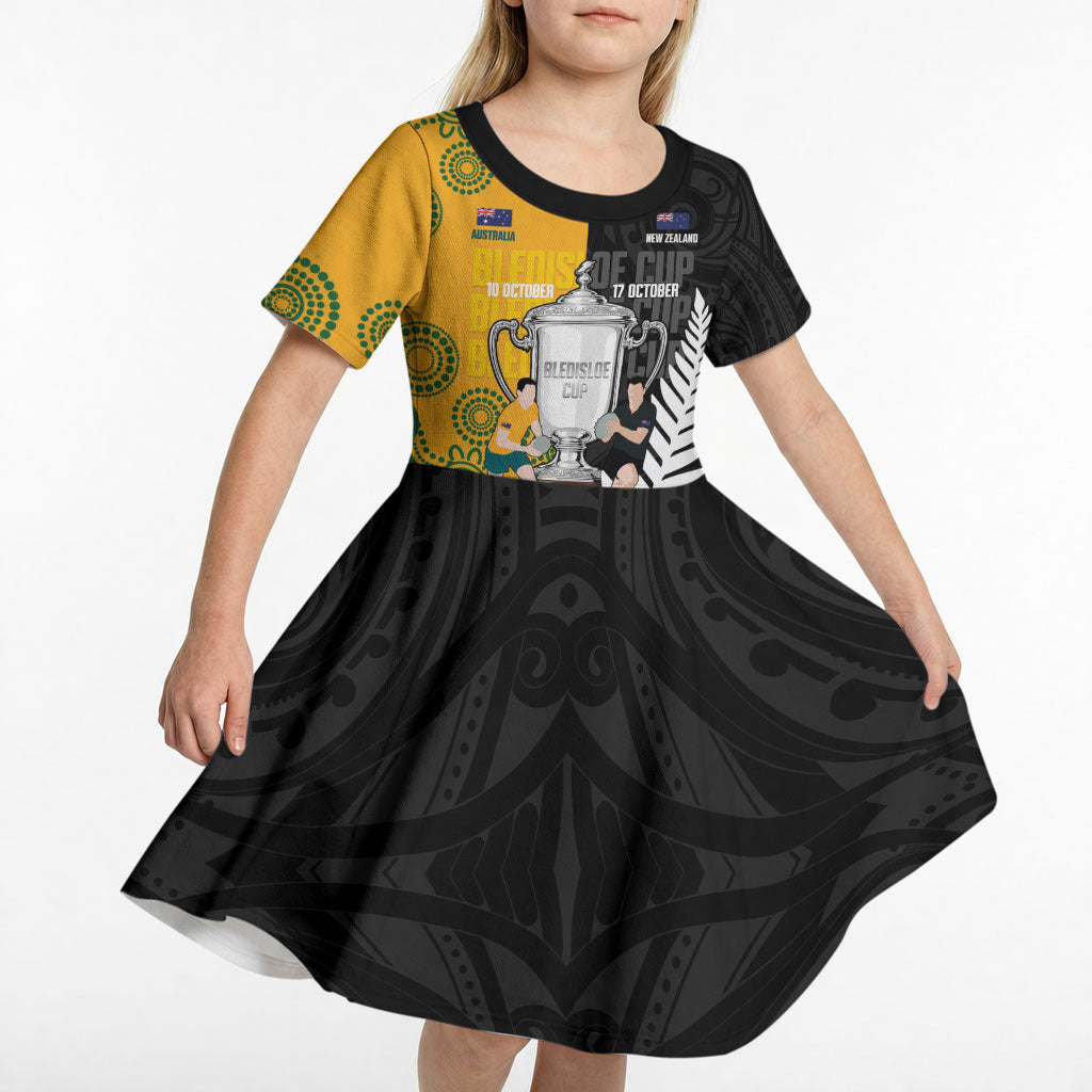 New Zealand Australia Rugby Bledisloe 2026 Custom Kid Short Sleeve Dress Champion Trophy Maori Aboriginal Art LT14 - Polynesian Pride